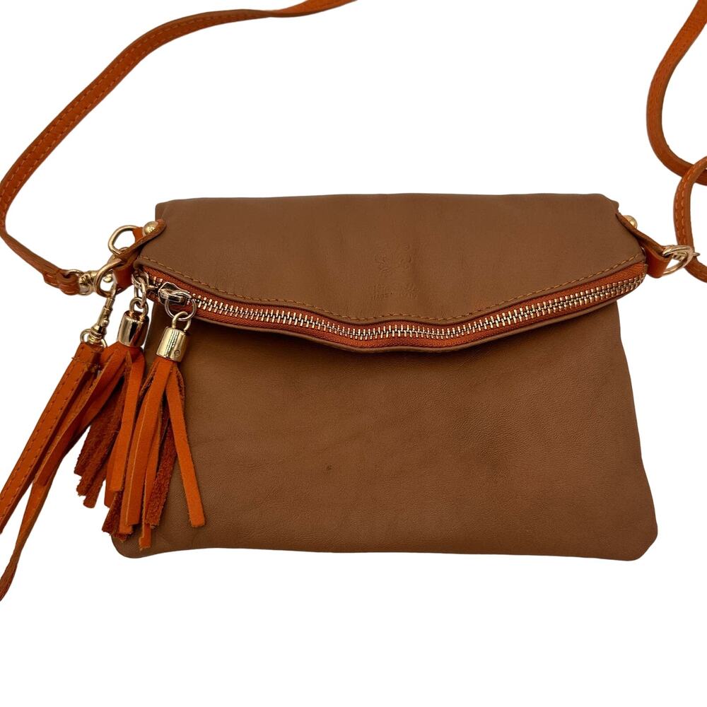 Vera Pelle Italian Leather Brown Crossbody Tassel Purse